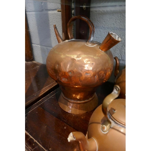 147 - Collection of metalware to include copper teapots etc