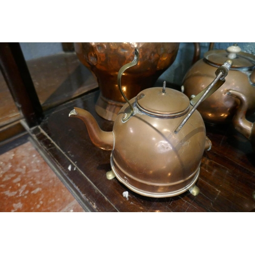 147 - Collection of metalware to include copper teapots etc