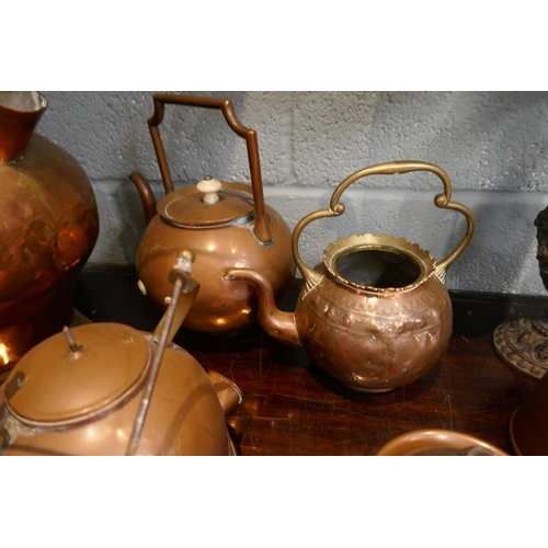 147 - Collection of metalware to include copper teapots etc