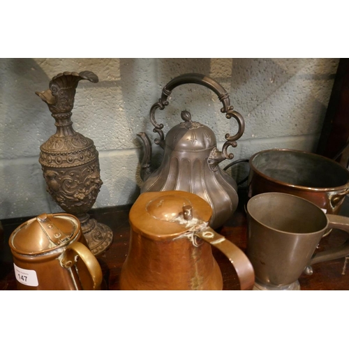 147 - Collection of metalware to include copper teapots etc