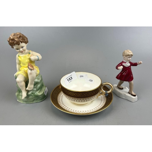 153 - Royal Worcester cup & saucer circa 1880 together with 2 Royal Worcester figurines