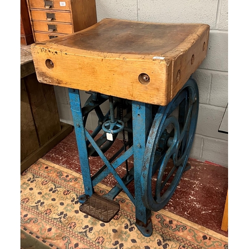 155 - Victorian butchers block on early to mid 20th century industrial stand - Approx: W: 62cm D: 62cm H: ... 