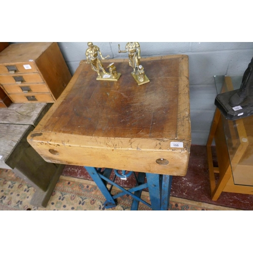 155 - Victorian butchers block on early to mid 20th century industrial stand - Approx: W: 62cm D: 62cm H: ... 