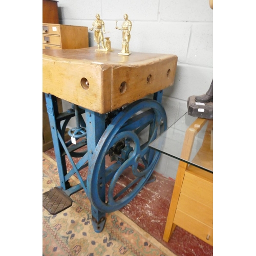 155 - Victorian butchers block on early to mid 20th century industrial stand - Approx: W: 62cm D: 62cm H: ... 