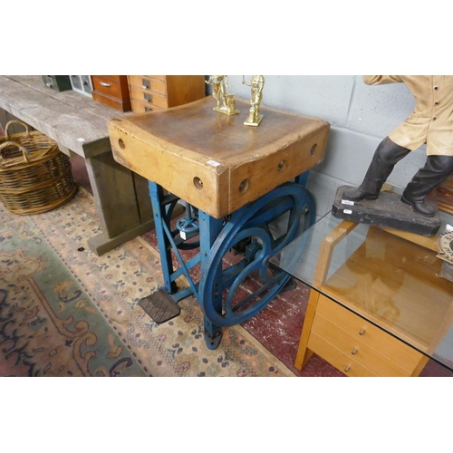 155 - Victorian butchers block on early to mid 20th century industrial stand - Approx: W: 62cm D: 62cm H: ... 