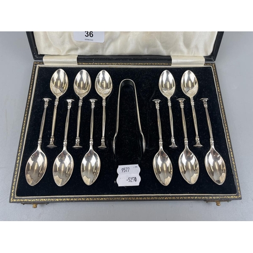 36 - Cased silver teaspoons to include silver plate sugar nips