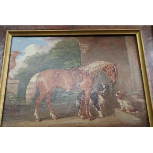 378 - Oil on board - Horse and dogs - Approx. image size: 19.5cm x 14.5cm