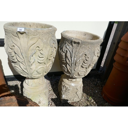 492 - Pair of stone pedestal planters - Approx. height of tallest: 90cm