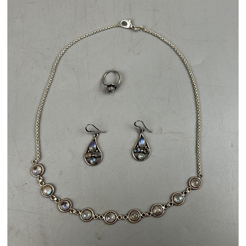 72 - Moonstone & Silver necklace, earrings & ring