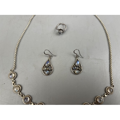 72 - Moonstone & Silver necklace, earrings & ring