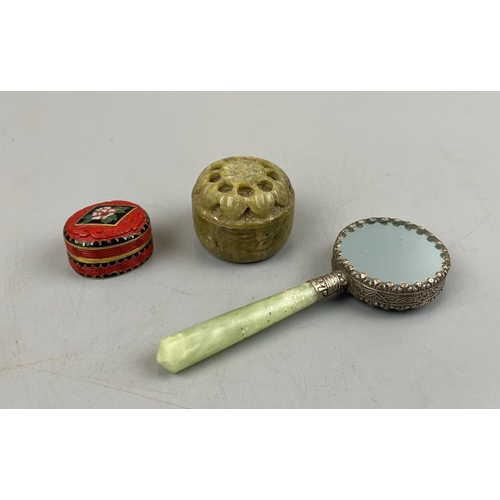 91 - 2 Oriental pill boxes together with an Oriental mirror