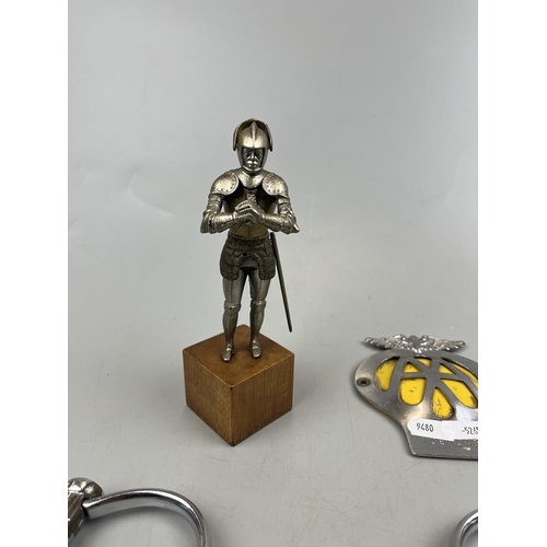 95 - AA badge together with vintage handcuffs and metal figure of a knight