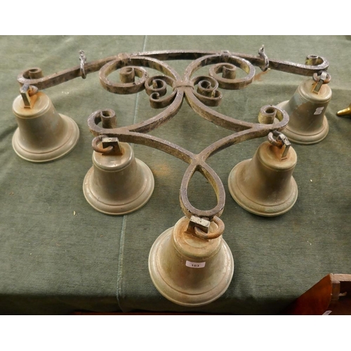 103 - 5 antique brass bells on ornate hanger - Approx overall height: 89cm