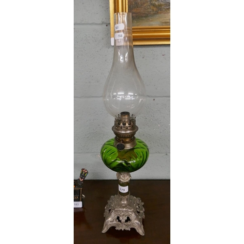 179 - Oil lamp with green glass reservoir
