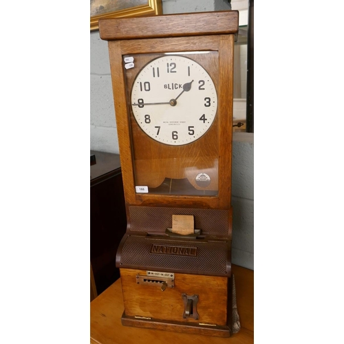 188 - Antique national clocking in machine by Blick in working order