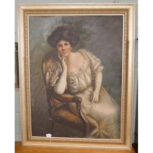 189 - Large oil on canvas - Lady in chair signed G. A. Poole - Approx image size: 82cm x 111cm