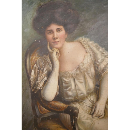 189 - Large oil on canvas - Lady in chair signed G. A. Poole - Approx image size: 82cm x 111cm