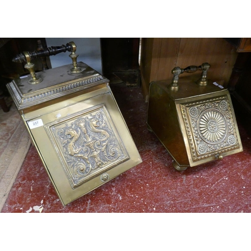 257 - 2 Ornate brass coal boxes