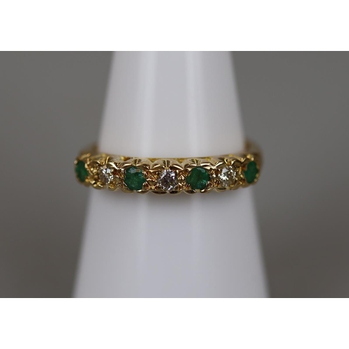 28 - 18ct gold emerald and diamond set 1/2 hoop ring - Approx size: M