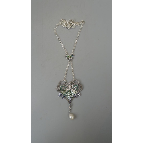 33 - Silver Art Nouveau style enamel pendant and chain