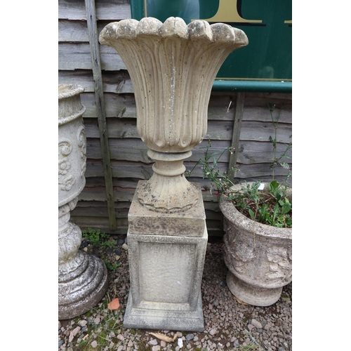 399 - Stone pedestal planter on plinth - Approx height: 103cm