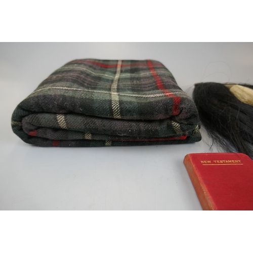 48 - Kilt material, sporran (one tassel missing) copy of The New Testament with inscription which belonge... 