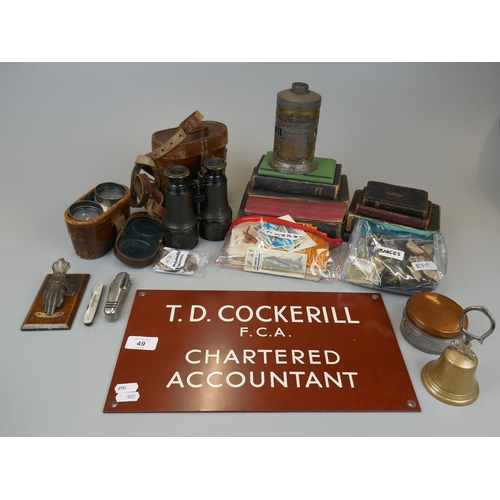 49 - Collectables to include a sign, binoculars, badges, cigarette cards etc