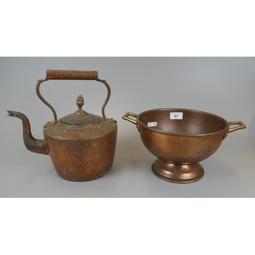 67 - Copper teapot together with copper colander