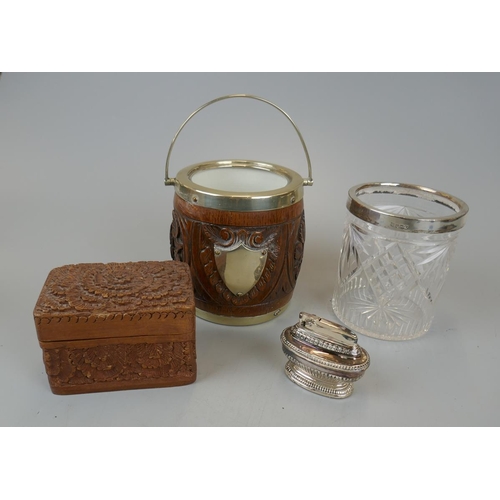 86 - Collectables to include silver topped glass jar, biscuit barrel etc