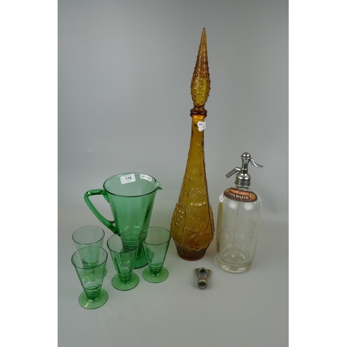 116 - Green glass lemonade set together with a soda syphon etc