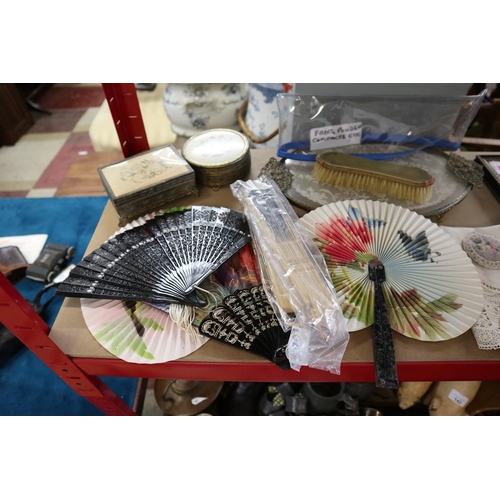 142 - Collectibles to include dressing table set, fans etc