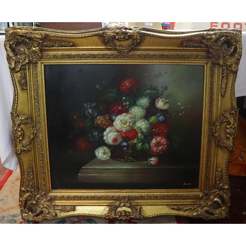 157 - Oil on board - Still life in attractive gilt frame - Approx image size: 59cm x 49cm