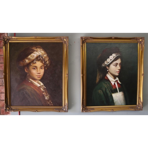 187 - Pair of oil on canvas of young ladies by Luyin - Approx image size: 49cm x 59cm