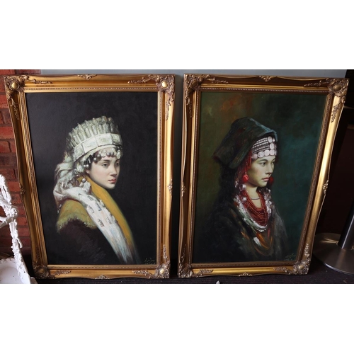 188 - Pair of oil on canvas of young ladies signed Luyin - Approx image size: 59cm x 90cm