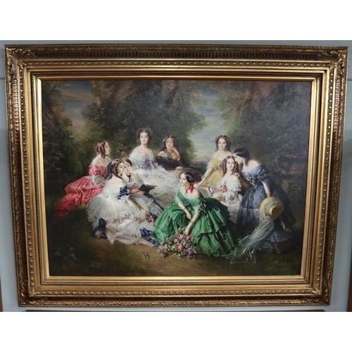 189 - Large oil on canvas of 9 ladies signed R Connell in a gilt frame - Approx image size: 120cm x 90cm