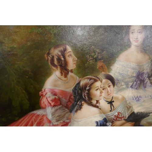 189 - Large oil on canvas of 9 ladies signed R Connell in a gilt frame - Approx image size: 120cm x 90cm