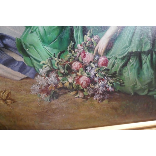 189 - Large oil on canvas of 9 ladies signed R Connell in a gilt frame - Approx image size: 120cm x 90cm