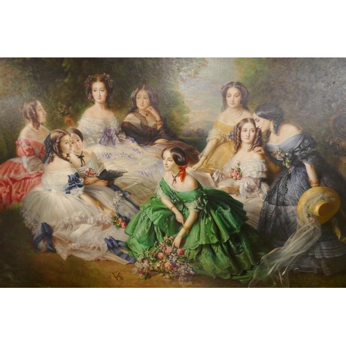 189 - Large oil on canvas of 9 ladies signed R Connell in a gilt frame - Approx image size: 120cm x 90cm