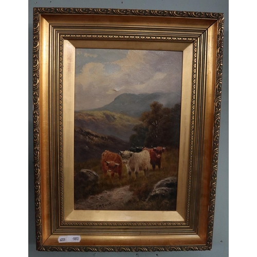 190 - Oil on canvas - Highland scene signed DM Ewan - Approx image size: 19cm x 29cm