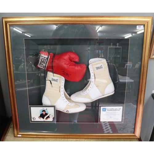 195 - Diorama of glove and boots signed by Muhammad Ali with C.O.A