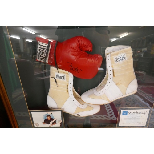 195 - Diorama of glove and boots signed by Muhammad Ali with C.O.A