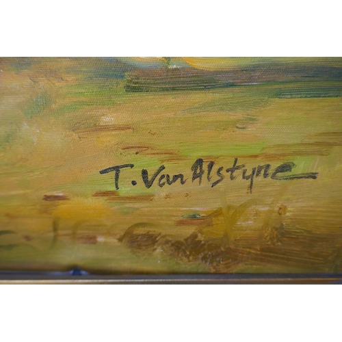 201 - Oil on canvas - River scene by T Van Alstyne - Approx image size: 100cm x 75cm