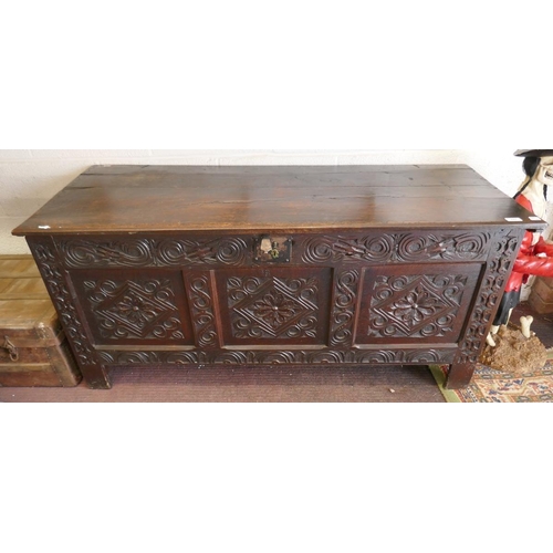 247 - Antique carved oak coffer with candle box - Approx size: W: 141cm D: 57cm H: 65cm