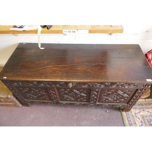 247 - Antique carved oak coffer with candle box - Approx size: W: 141cm D: 57cm H: 65cm