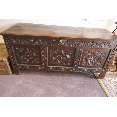 247 - Antique carved oak coffer with candle box - Approx size: W: 141cm D: 57cm H: 65cm