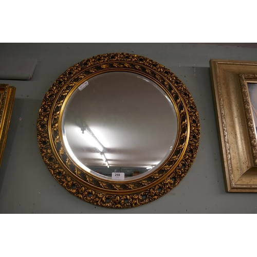 259 - Round gilt framed mirror with beveled glass