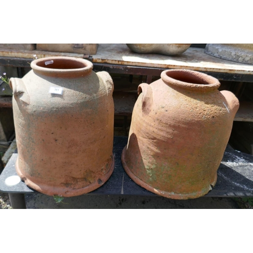 381 - Pair of terracotta rhubarb forcers