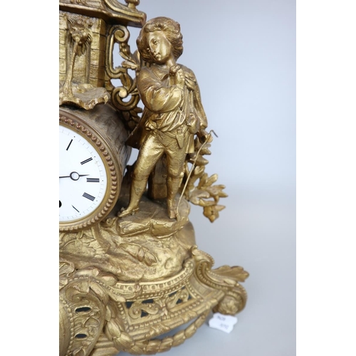 77 - French gilt mantle clock with key - Approx height: 35cm