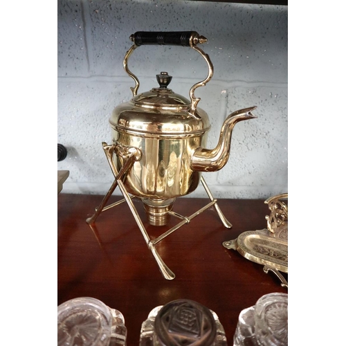 84 - Collection of metal ware to include a spirit kettle