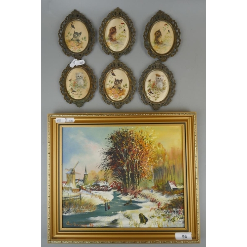 96 - Oil on board winter scene by Clive Mainwaring together with 6 miniatures